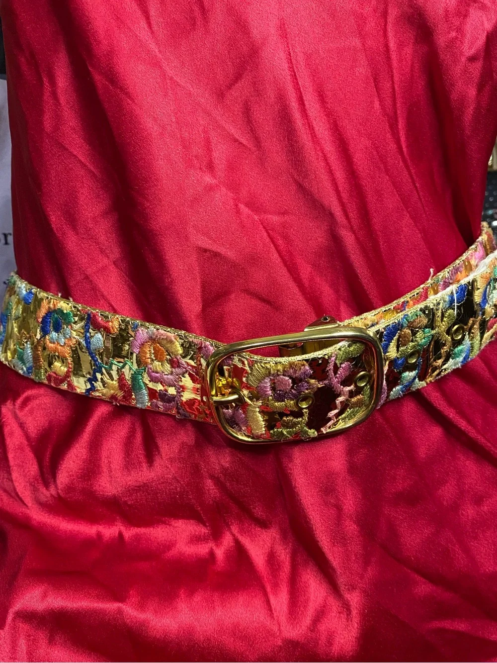Vintage Gold-Tone Multicolor Embroidered Floral Belt